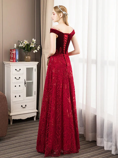 A-Line Prom Dresses Glittering Dress Engagement Floor Length Short Sleeve Jewel Neck Tulle with Pleats Crystals Pattern / Print