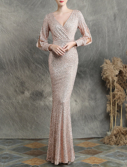 Sheath Mermaid V Neck  Evening Gown Sleek Glitter Sparking Sequins  Floor Length Long Sleeve  Party Dress  Prom Dress