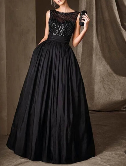 A-Line Wedding Guest Elegant Jewel Neck Floor Length Taffeta Sequined Sleeveless with Pleats