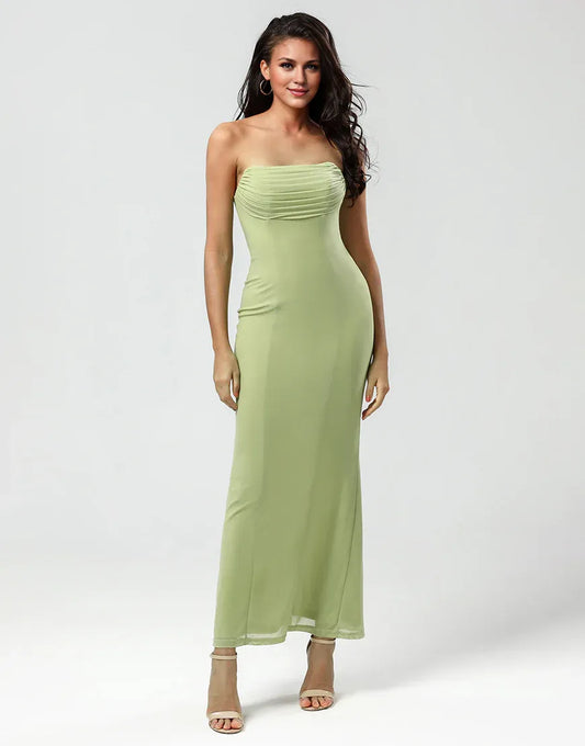 Strapless Off-the-Shoulder Mermaid Lemon Green Long Bridesmaid Dress With Slit