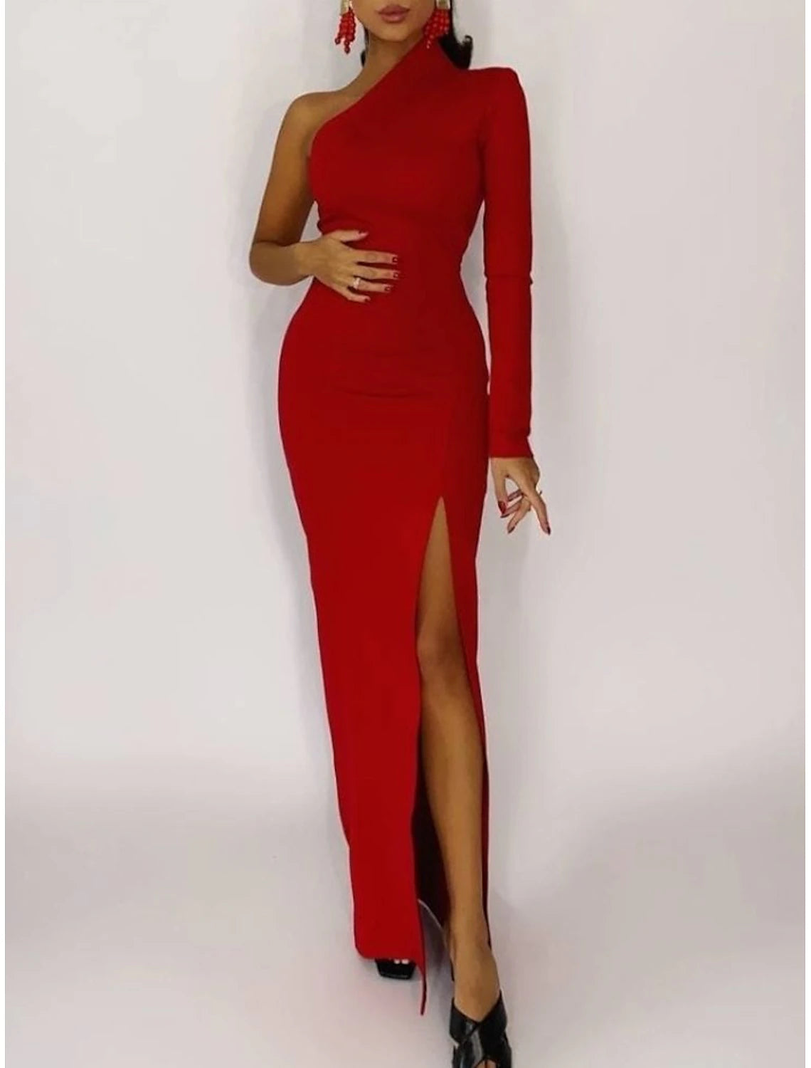 Sheath Mermaid Long Sleeve One Shoulder Evening Gown Floor Length  Stretch Fabric Prom Dress with Slit