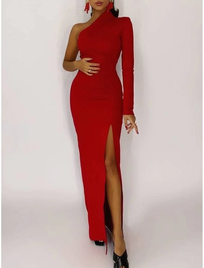Sheath Mermaid Long Sleeve One Shoulder Evening Gown Floor Length  Stretch Fabric Prom Dress with Slit