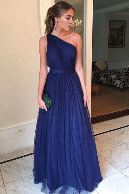 A Line One Shoulder Royal Blue Tulle Long Prom Dress Floor Length  Evening Dress