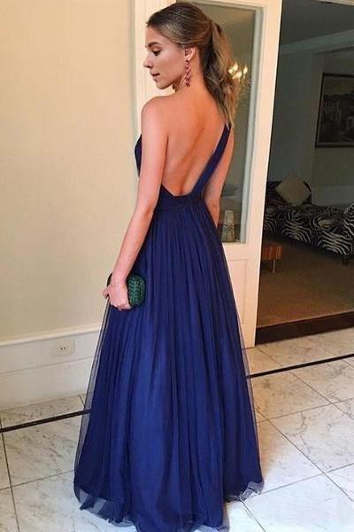A Line One Shoulder Royal Blue Tulle Long Prom Dress Floor Length  Evening Dress