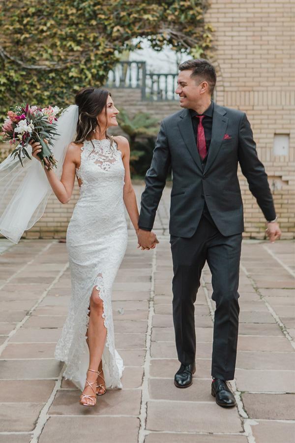 Illusion Neckline Split Sweep Train Wedding Dress Open Back Bridal Gown
