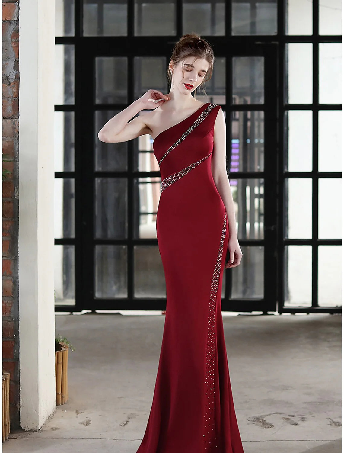 Mermaid / Trumpet Evening Gown Sexy Dress Wedding Guest Floor Length Sleeveless One Shoulder Stretch Satin with Crystals