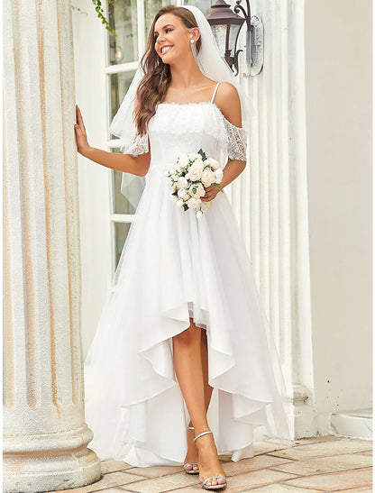 Reception Little White Dresses Boho Wedding Dresses A-Line Off Shoulder Short Sleeve Asymmetrical Lace Bridal Gowns With Lace Draping Bridal Dresses