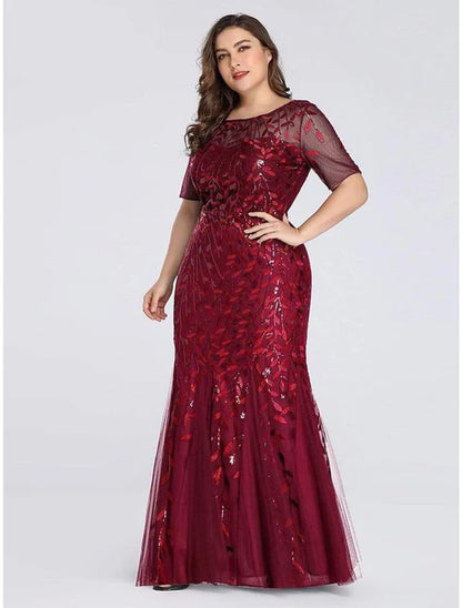 Mermaid / Trumpet Party Wear Formal Evening Dress Jewel Neck Short Sleeve Floor Length Tulle with Embroidery / Illusion Sleeve