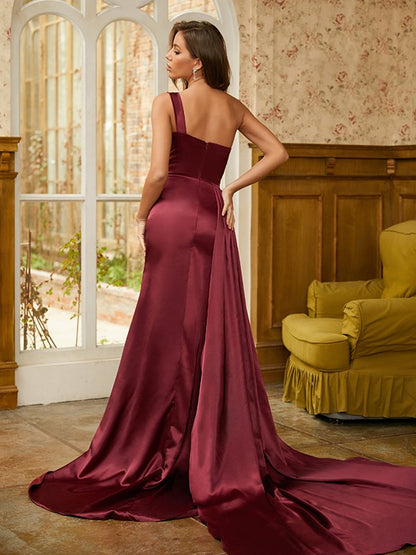 Sheath/Column Woven Satin Sequin One-Shoulder Sleeveless Sweep/Brush Train Dresses #PD16055PD0088