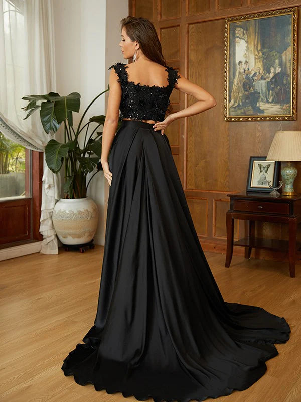 A-Line Princess Woven Satin Applique Off-the-Shoulder Sleeveless Two Piece Dresses