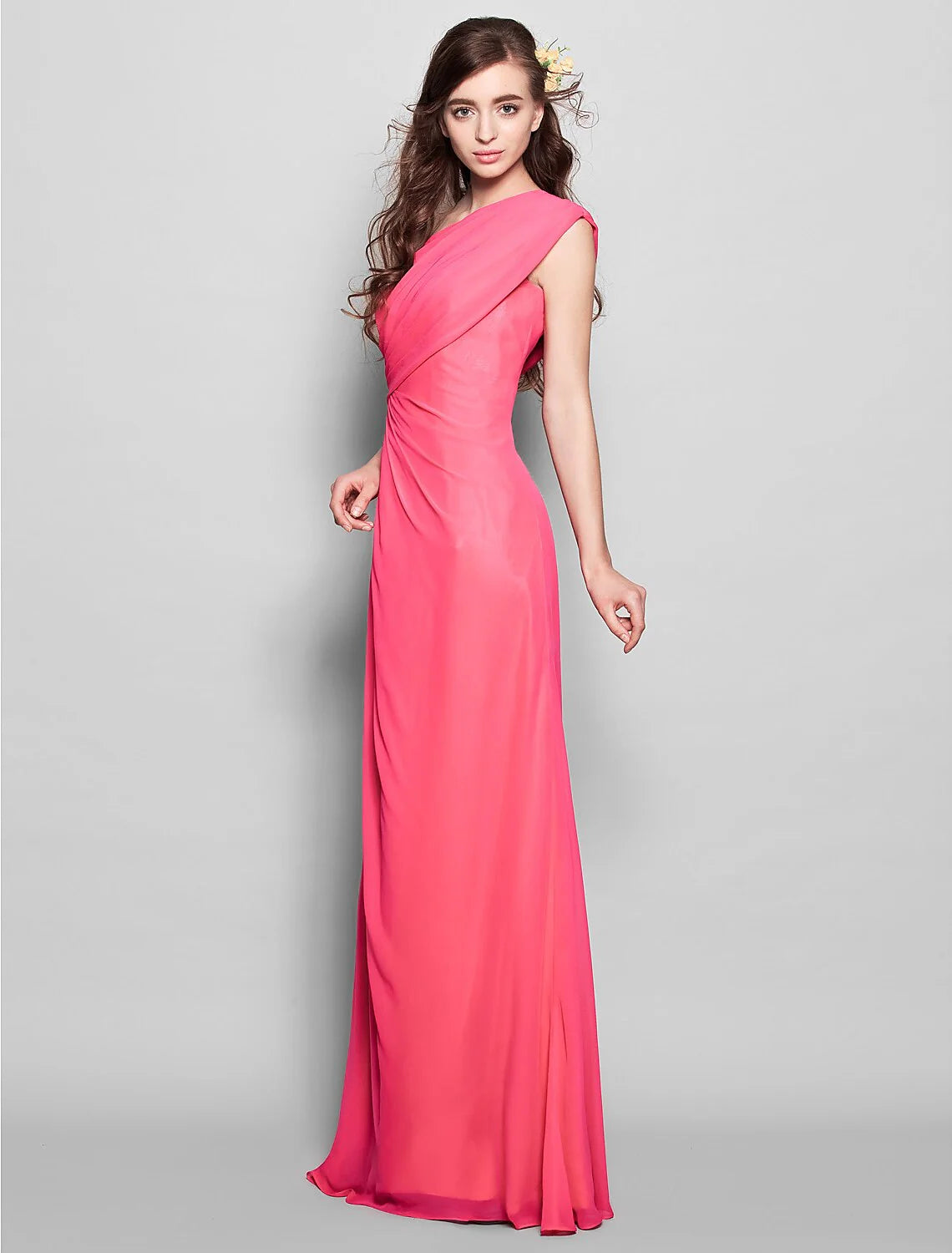 Sheath / Column Bridesmaid Dress One Shoulder Sleeveless Elegant Floor Length Chiffon with Side DrapingSheath / Column Bridesmaid Dress One Shoulder Sleeveless Elegant Floor Length Chiffon with Side Draping
