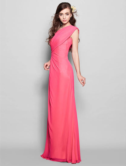 Sheath / Column Bridesmaid Dress One Shoulder Sleeveless Elegant Floor Length Chiffon with Side DrapingSheath / Column Bridesmaid Dress One Shoulder Sleeveless Elegant Floor Length Chiffon with Side Draping