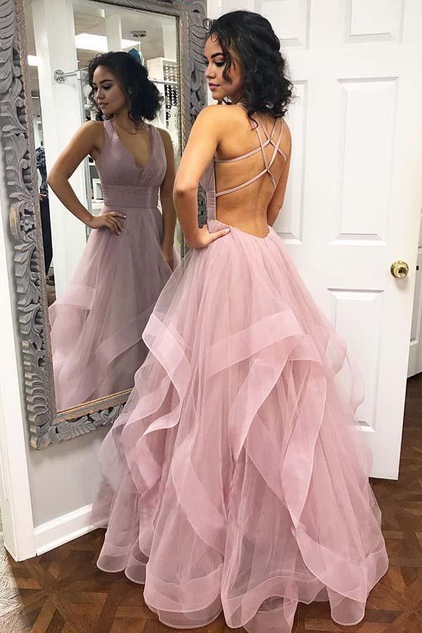 A Line Ruffled Tulle Long Evening Dress V Neck Tiered Criss Cross Back Prom Dress