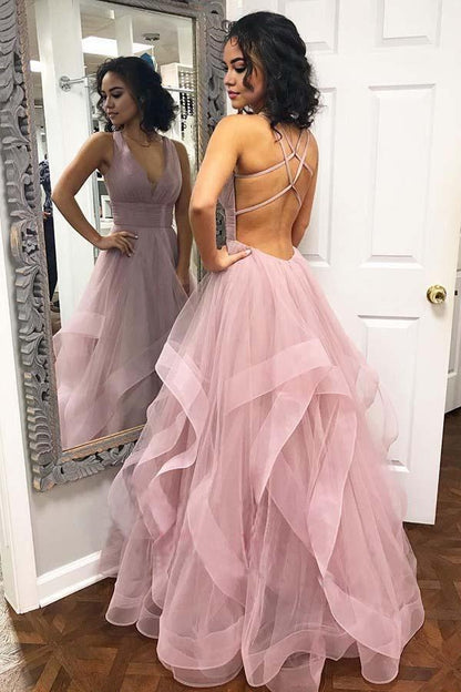 A Line Ruffled Tulle Long Evening Dress V Neck Tiered Criss Cross Back Prom Dress