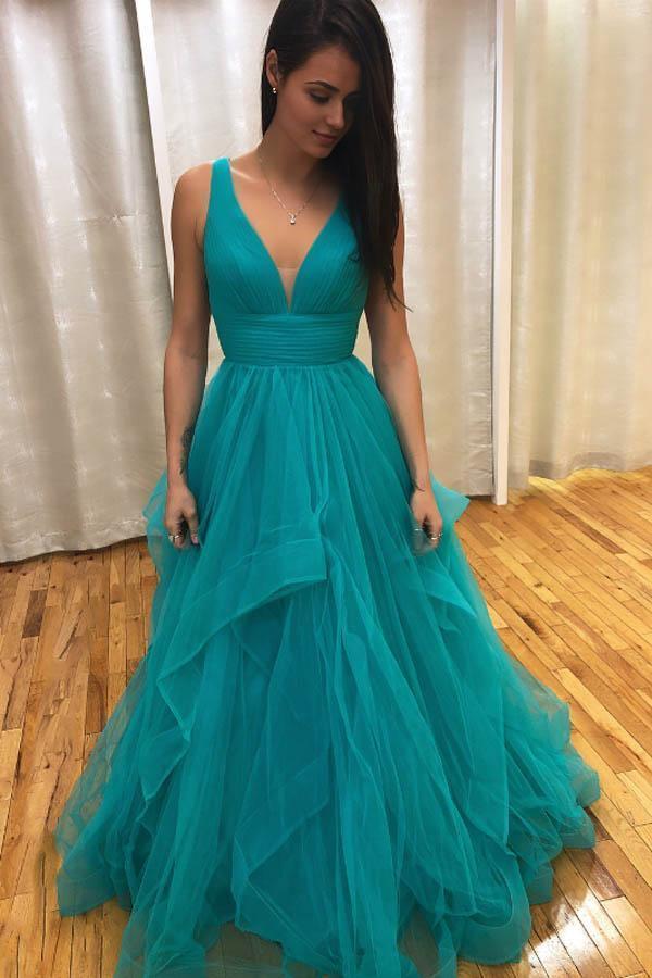 A Line Ruffled Tulle Long Evening Dress V Neck Tiered Criss Cross Back Prom Dress