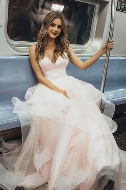 A Line Ruffled Tulle Long Evening Dress V Neck Tiered Criss Cross Back Prom Dress