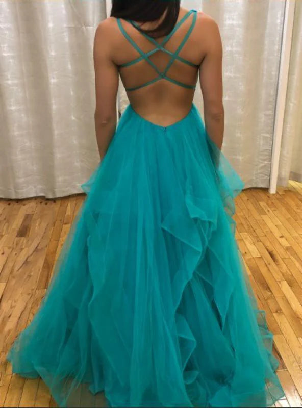 A Line Ruffled Tulle Long Evening Dress V Neck Tiered Criss Cross Back Prom Dress