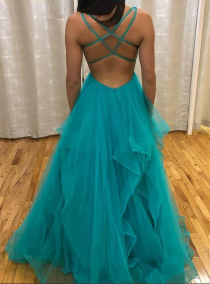 A Line Ruffled Tulle Long Evening Dress V Neck Tiered Criss Cross Back Prom Dress
