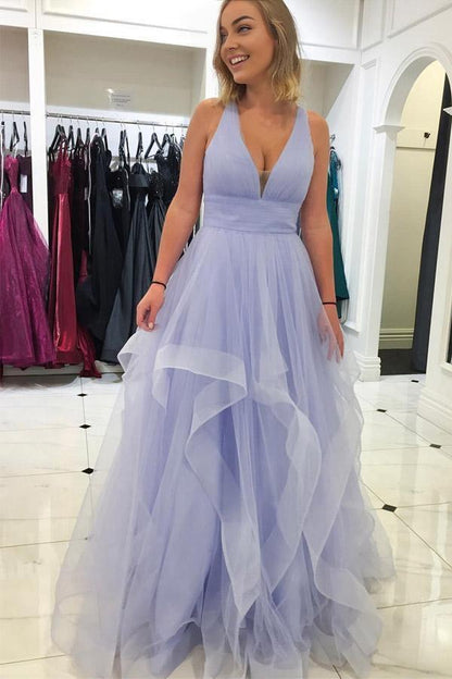 A Line Ruffled Tulle Long Evening Dress V Neck Tiered Criss Cross Back Prom Dress