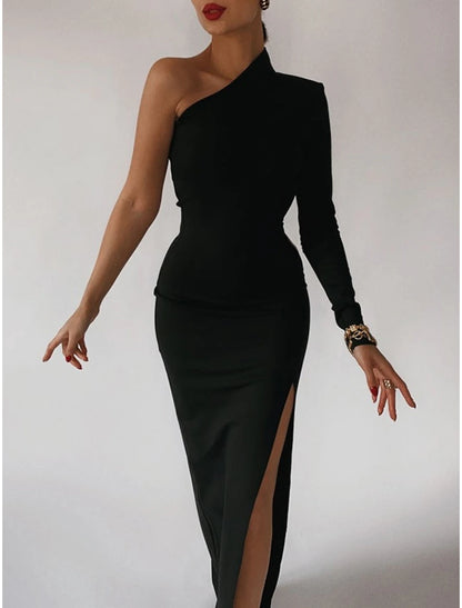 Sheath Mermaid Long Sleeve One Shoulder Evening Gown Floor Length  Stretch Fabric Prom Dress with Slit