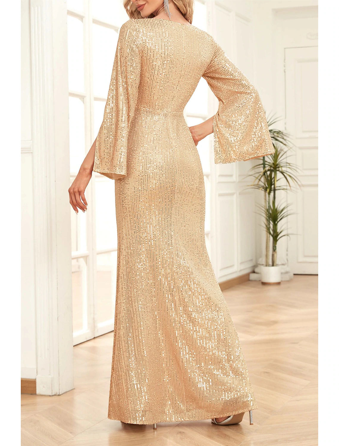 Sheath Mermaid Sleek Glitter Sparking Sequins Wedding Guest Party Dress V Neck Floor Length  Long Sleeve Prom Dress