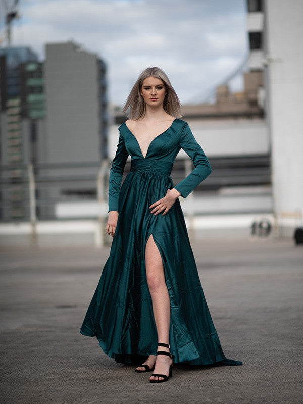 A-Line/Princess Long Sleeves Ruffles Satin Chiffon V-neck Floor-Length Party Dresses Formal Dresses