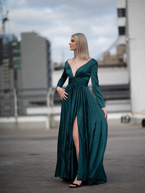 A-Line/Princess Long Sleeves Ruffles Satin Chiffon V-neck Floor-Length Party Dresses Formal Dresses