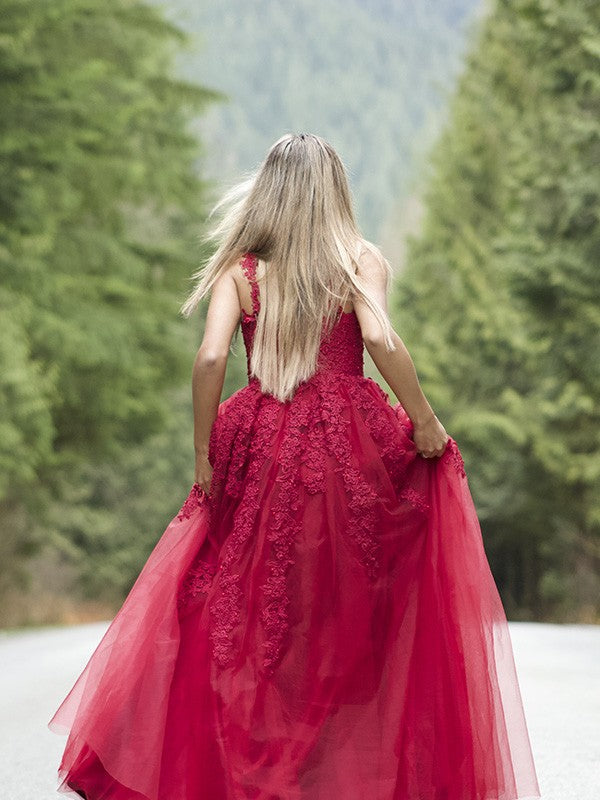 A-Line/Princess Applique Tulle Sleeveless V-neck Floor-Length Party Dresses Formal Dresses