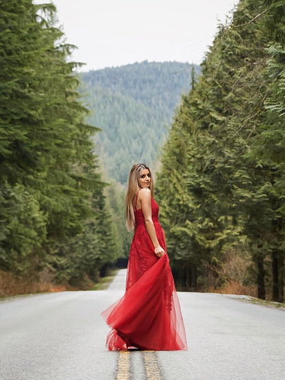 A-Line/Princess Applique Tulle Sleeveless V-neck Floor-Length Party Dresses Formal Dresses