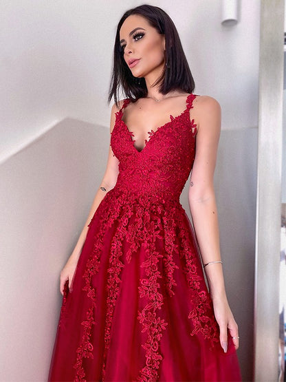 A-Line/Princess Tulle V-neck Floor-Length Applique Sleeveless Party Dresses Formal Dresses