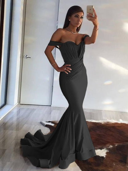 Trumpet/Mermaid Sleeveless Off-the-Shoulder Sweep/Brush Train Ruffles Dresses