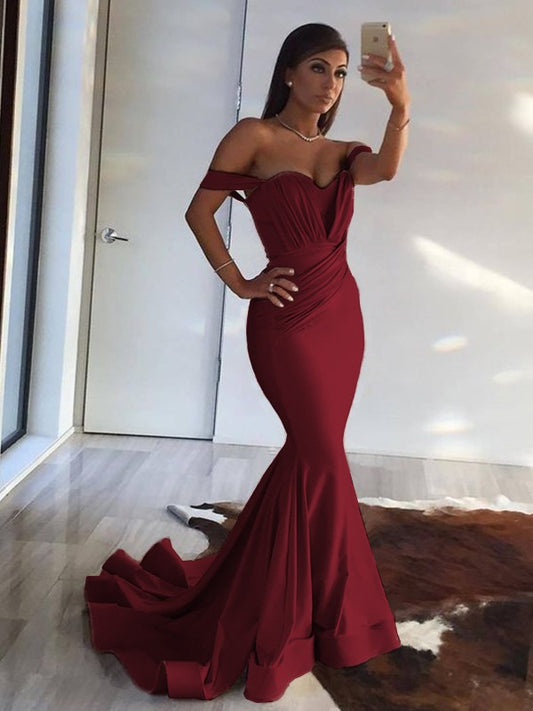 Trumpet/Mermaid Sleeveless Off-the-Shoulder Sweep/Brush Train Ruffles Dresses