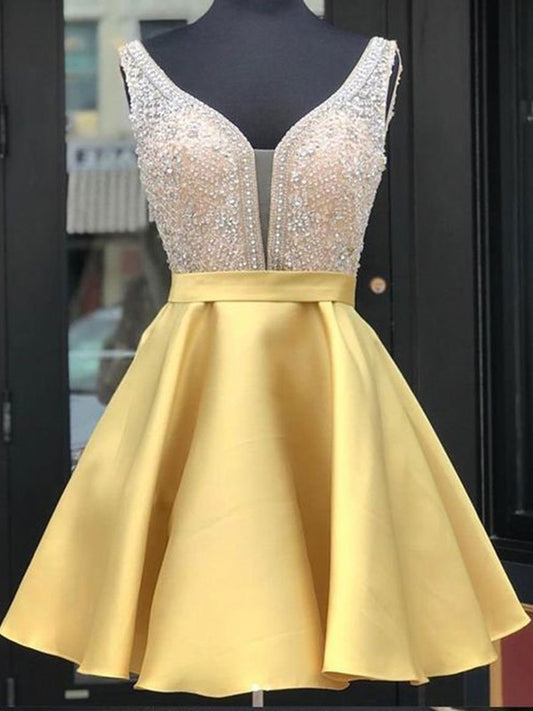 A-Line/Princess Satin Beading V-neck Sleeveless Short/Mini Homecoming Dresses