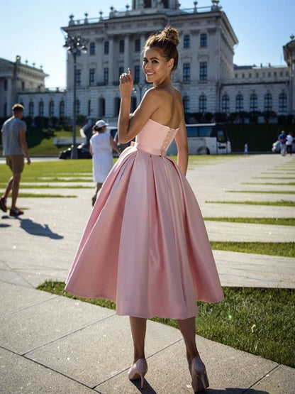 A-Line/Princess Satin Bowknot Sweetheart Sleeveless Tea-Length Homecoming Dresses  Cocktail Dresses