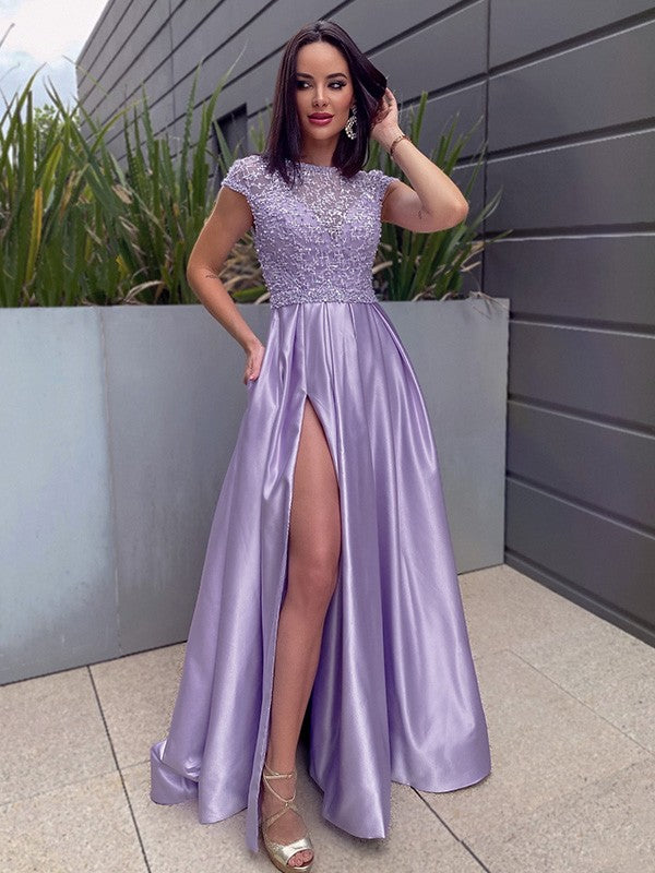 A-Line/Princess Satin Scoop Short Sleeves Beading Sweep/Brush Train Party Dresses Formal Dresses