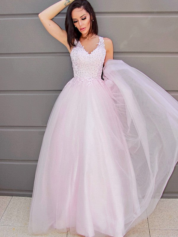 A-Line/Princess V-neck Sleeveless Applique Tulle Floor-Length Party Dresses Formal Dresses