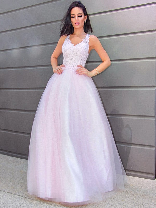 A-Line/Princess V-neck Sleeveless Applique Tulle Floor-Length Party Dresses Formal Dresses