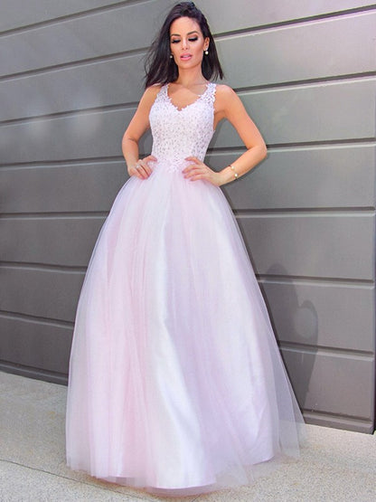 A-Line/Princess V-neck Sleeveless Applique Tulle Floor-Length Party Dresses Formal Dresses