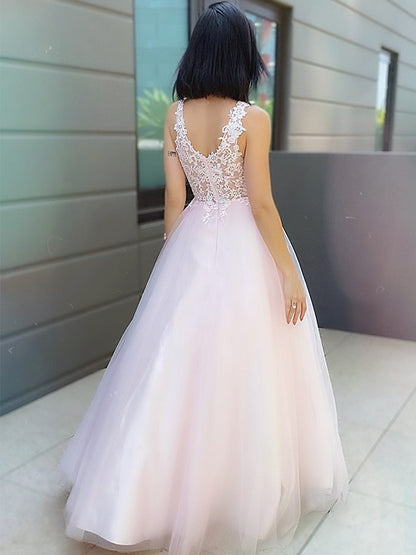 A-Line/Princess V-neck Sleeveless Applique Tulle Floor-Length Party Dresses Formal Dresses