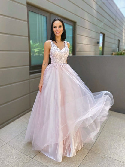 A-Line/Princess V-neck Sleeveless Applique Tulle Floor-Length Party Dresses Formal Dresses