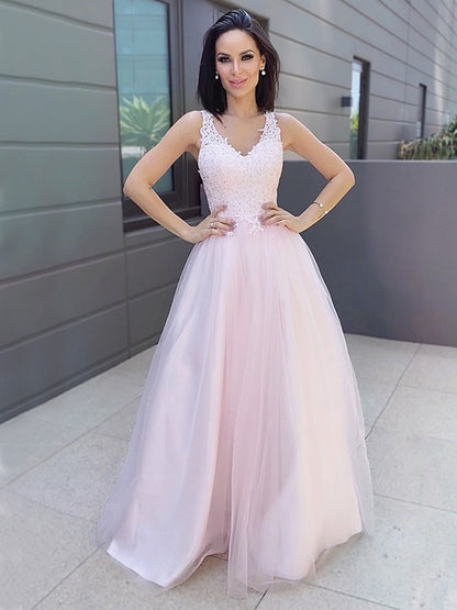 A-Line/Princess V-neck Sleeveless Applique Tulle Floor-Length Party Dresses Formal Dresses
