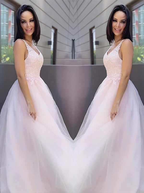 A-Line/Princess V-neck Sleeveless Applique Tulle Floor-Length Party Dresses Formal Dresses