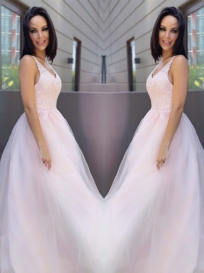 A-Line/Princess V-neck Sleeveless Applique Tulle Floor-Length Party Dresses Formal Dresses