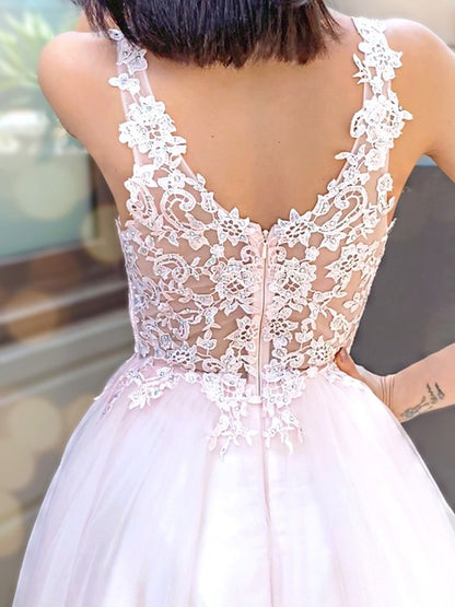 A-Line/Princess V-neck Sleeveless Applique Tulle Floor-Length Party Dresses Formal Dresses