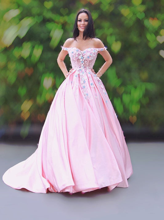 A-Line/Princess Satin Applique Off-the-Shoulder Sleeveless Sweep/Brush Train Dresses