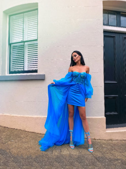A-Line/Princess Tulle Beading Off-the-Shoulder Long Sleeves Sweep/Brush Train Party Dresses Formal Dresses