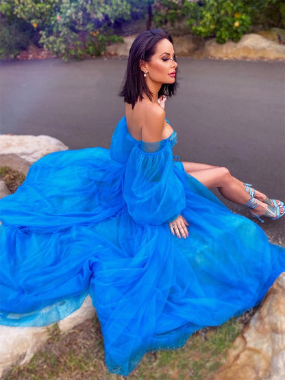 A-Line/Princess Tulle Beading Off-the-Shoulder Long Sleeves Sweep/Brush Train Party Dresses Formal Dresses