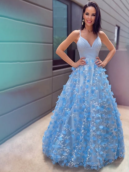 A-Line/Princess V-neck Tulle Applique Floor-Length Sleeveless Party Dresses Formal Dresses