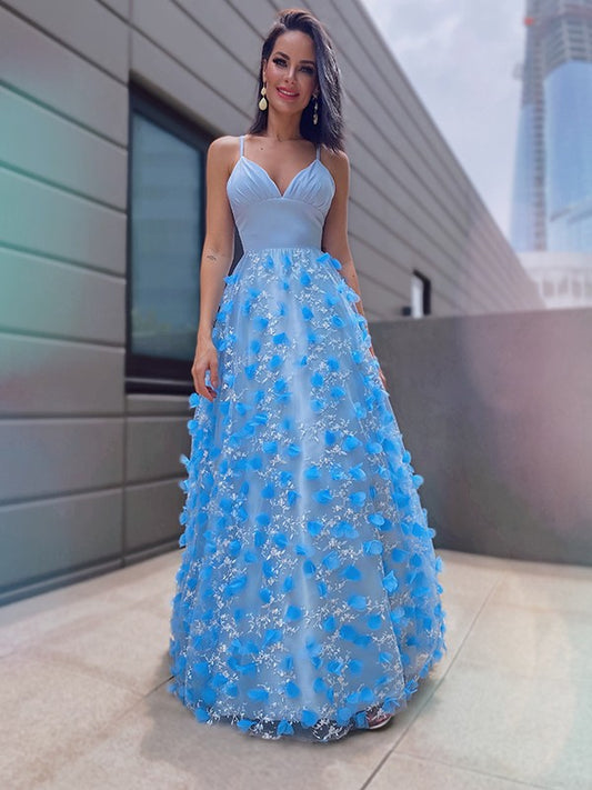 A-Line/Princess V-neck Tulle Applique Floor-Length Sleeveless Party Dresses Formal Dresses