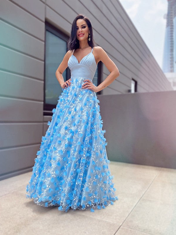 A-Line/Princess V-neck Tulle Applique Floor-Length Sleeveless Party Dresses Formal Dresses